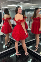 Misshow Sparkly Red Corset Off The Shoulder A Line Short Homecoming Dress/Mini Dress with Feathers